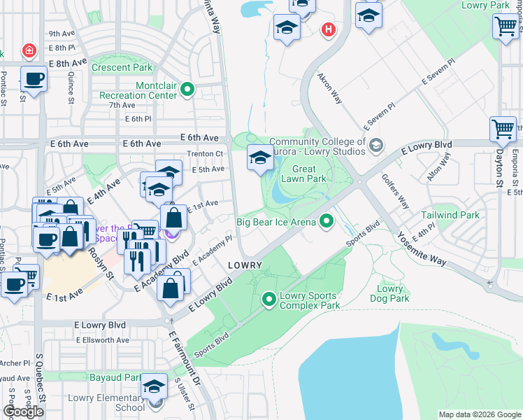map of restaurants, bars, coffee shops, grocery stores, and more near 507-539 Uinta Way in Denver