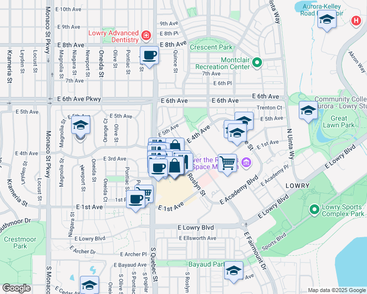 map of restaurants, bars, coffee shops, grocery stores, and more near 3 East 4th Avenue in Denver