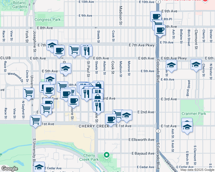 map of restaurants, bars, coffee shops, grocery stores, and more near 432 Cook Street in Denver