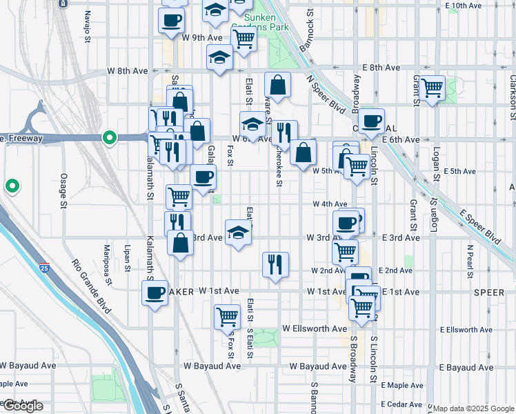 map of restaurants, bars, coffee shops, grocery stores, and more near 421 Elati Street in Denver