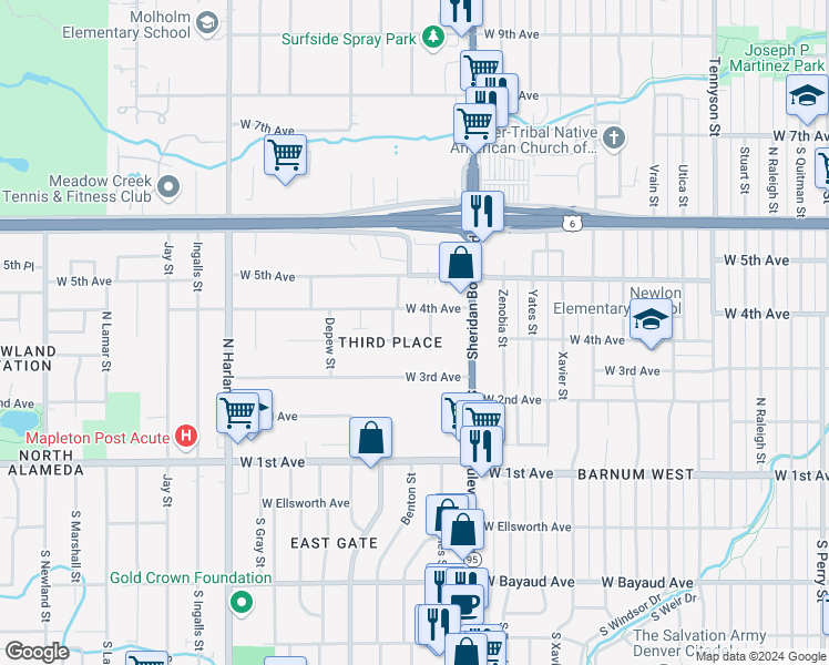 map of restaurants, bars, coffee shops, grocery stores, and more near 5330 West 4th Avenue in Lakewood