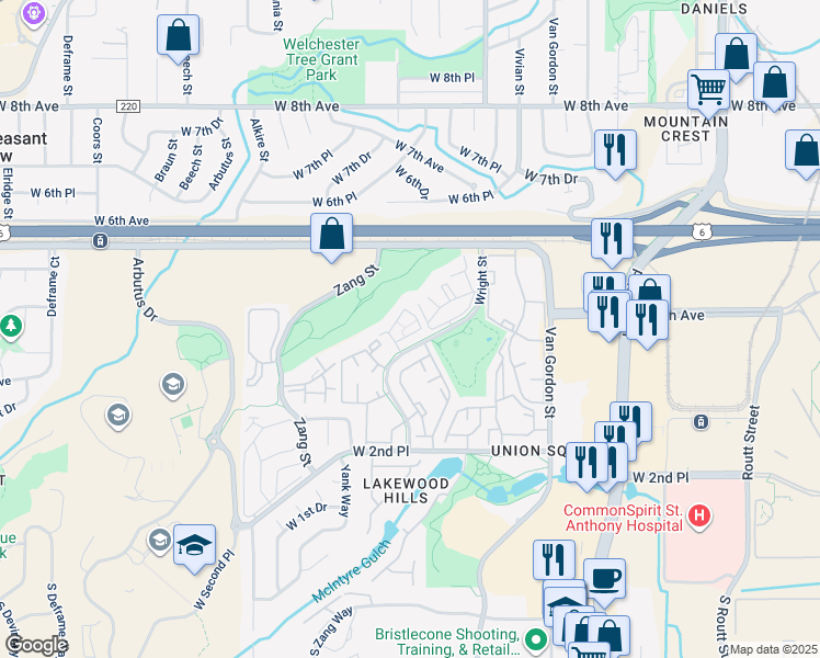map of restaurants, bars, coffee shops, grocery stores, and more near 439 Wright Street in Lakewood