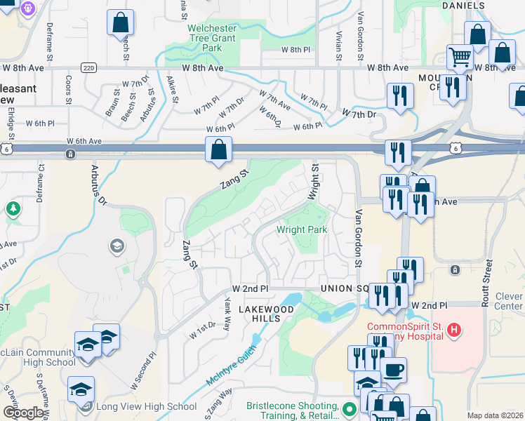 map of restaurants, bars, coffee shops, grocery stores, and more near 439 Wright Street in Lakewood