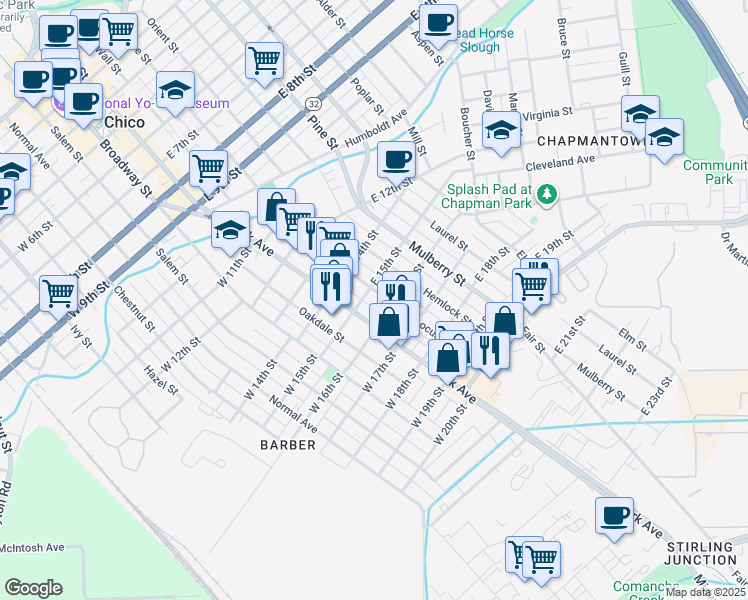 map of restaurants, bars, coffee shops, grocery stores, and more near in Chico
