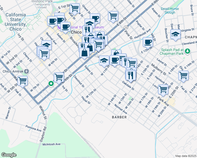 map of restaurants, bars, coffee shops, grocery stores, and more near 1054 Broadway Street in Chico