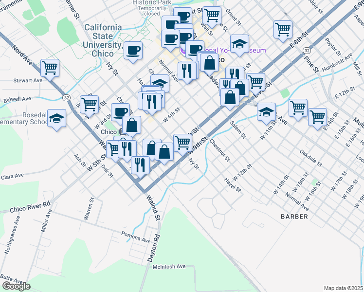 map of restaurants, bars, coffee shops, grocery stores, and more near 724 Hazel Street in Chico