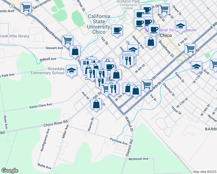 map of restaurants, bars, coffee shops, grocery stores, and more near 432 Cedar Street in Chico