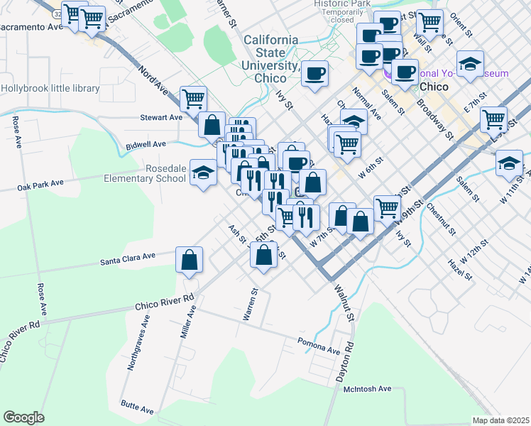 map of restaurants, bars, coffee shops, grocery stores, and more near 313 Walnut Street in Chico