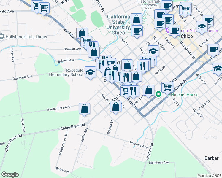 map of restaurants, bars, coffee shops, grocery stores, and more near 1128 West 3rd Street in Chico