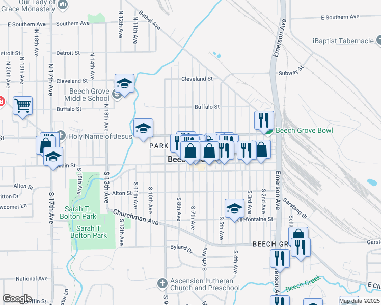 map of restaurants, bars, coffee shops, grocery stores, and more near 75 North 7th Avenue in Beech Grove