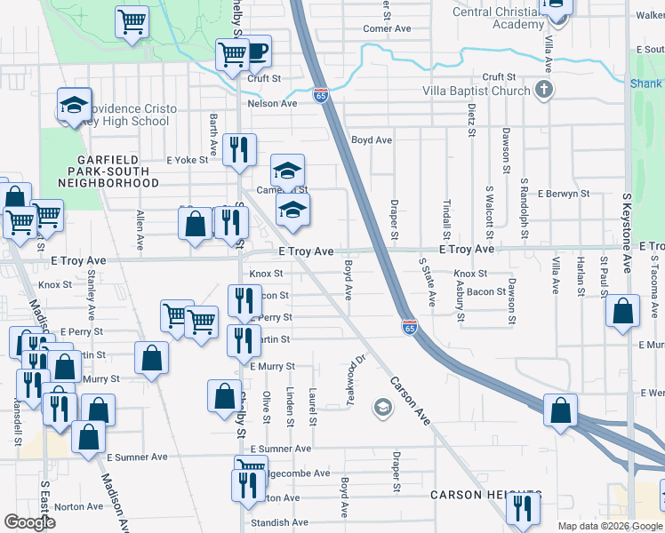 map of restaurants, bars, coffee shops, grocery stores, and more near 1290 East Troy Avenue in Indianapolis