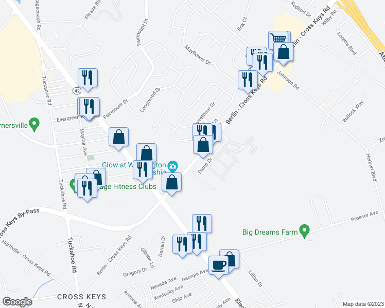 map of restaurants, bars, coffee shops, grocery stores, and more near 331 Cross Keys Road in Sicklerville