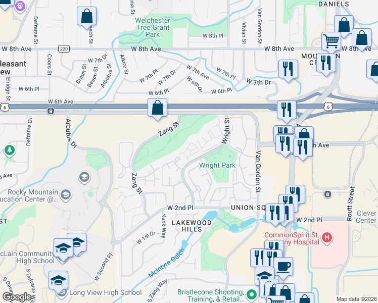 map of restaurants, bars, coffee shops, grocery stores, and more near 439 Wright Street in Lakewood