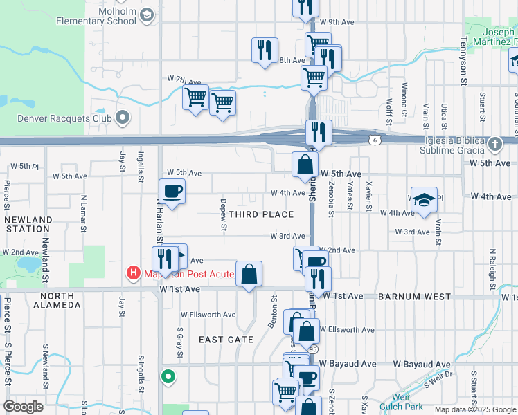 map of restaurants, bars, coffee shops, grocery stores, and more near 5484 West 4th Avenue in Denver