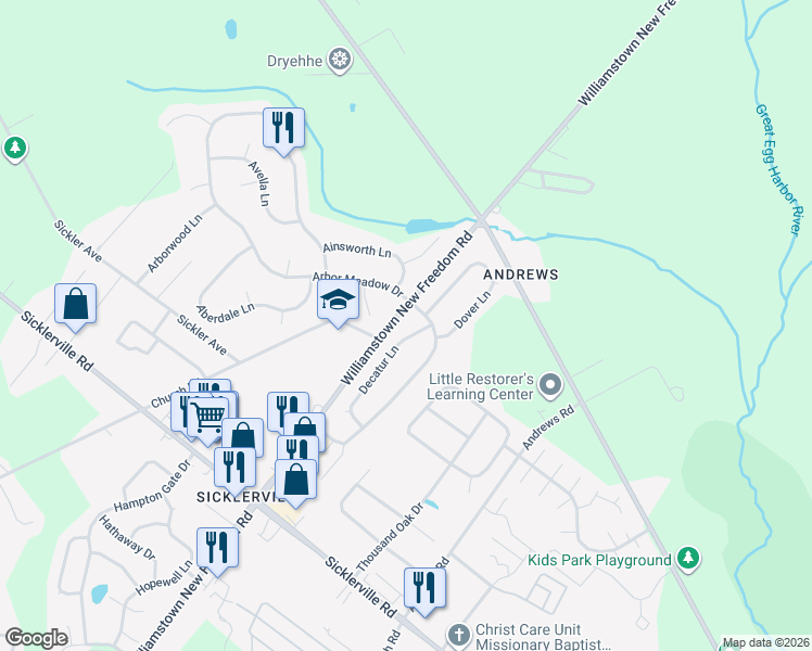 map of restaurants, bars, coffee shops, grocery stores, and more near 1 Arbor Meadow Drive in Sicklerville