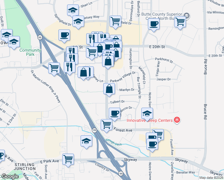 map of restaurants, bars, coffee shops, grocery stores, and more near in Chico
