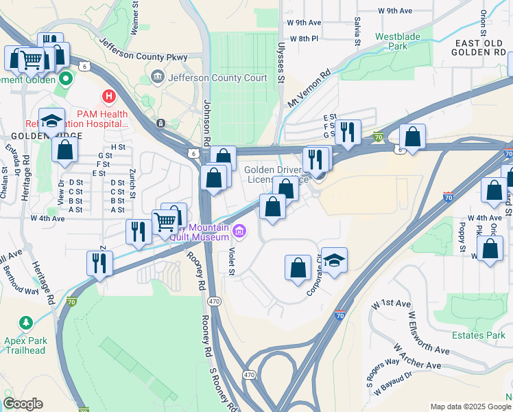 map of restaurants, bars, coffee shops, grocery stores, and more near Corporate Dr in Golden