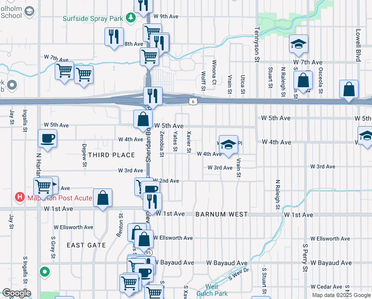 map of restaurants, bars, coffee shops, grocery stores, and more near 436 Xavier Street in Denver