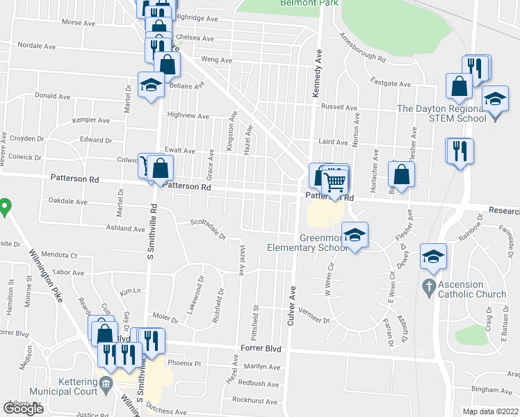 map of restaurants, bars, coffee shops, grocery stores, and more near 3033 Wayland Avenue in Dayton