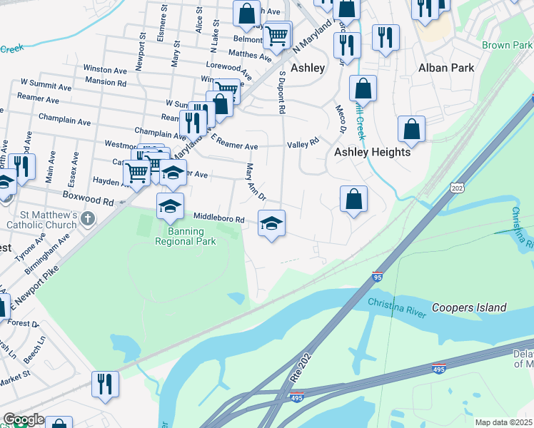 map of restaurants, bars, coffee shops, grocery stores, and more near 413 South Dupont Road in Wilmington