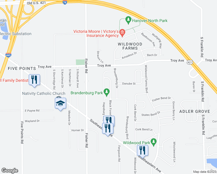map of restaurants, bars, coffee shops, grocery stores, and more near 3138 Black Forest Lane in Indianapolis