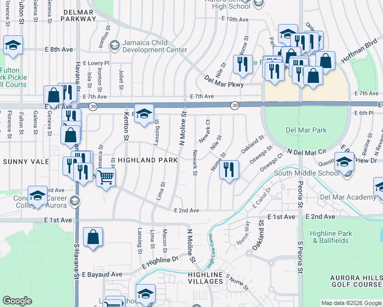 map of restaurants, bars, coffee shops, grocery stores, and more near 468 Newark Street in Aurora