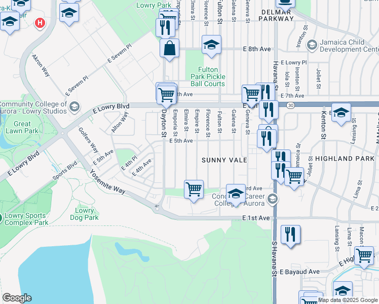 map of restaurants, bars, coffee shops, grocery stores, and more near 9940 East 5th Avenue in Aurora