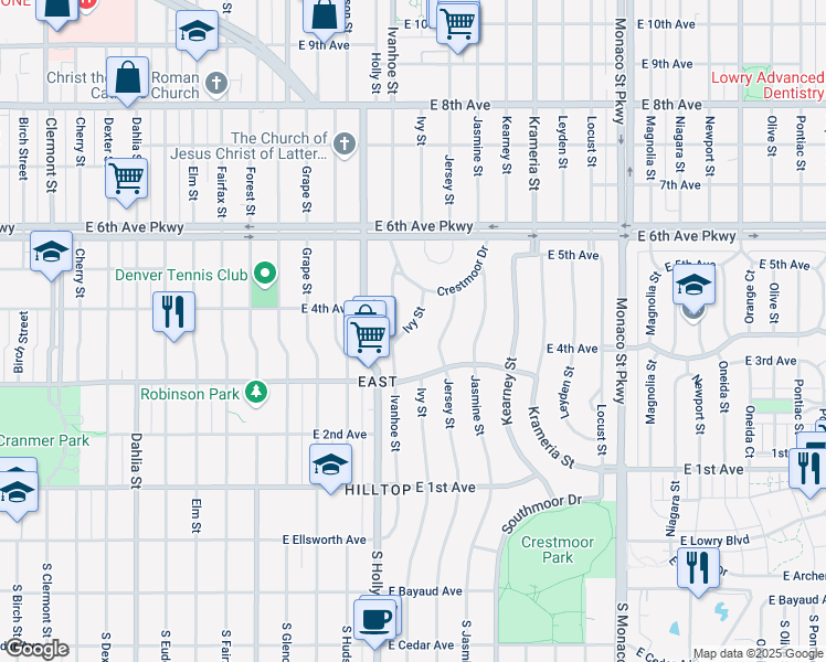 map of restaurants, bars, coffee shops, grocery stores, and more near 350 Ivy Street in Denver