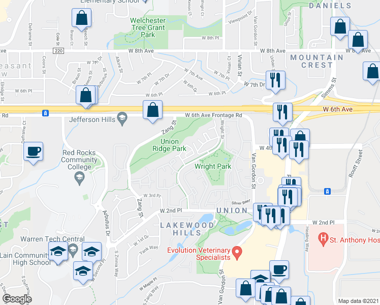 map of restaurants, bars, coffee shops, grocery stores, and more near 439 Wright Street in Lakewood