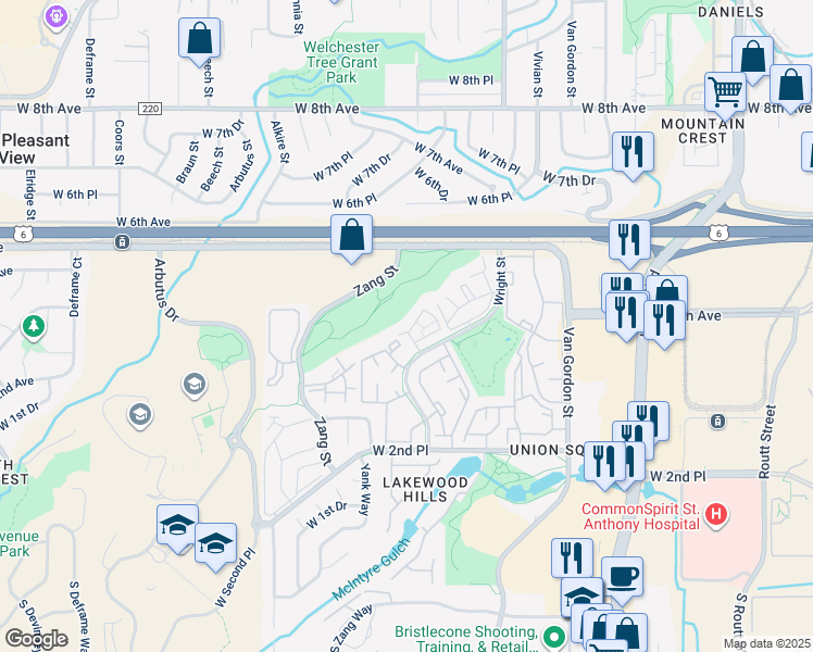 map of restaurants, bars, coffee shops, grocery stores, and more near 439 Wright Street in Lakewood