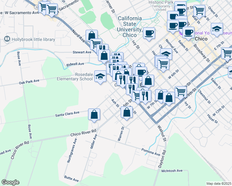 map of restaurants, bars, coffee shops, grocery stores, and more near 1128 West 3rd Street in Chico
