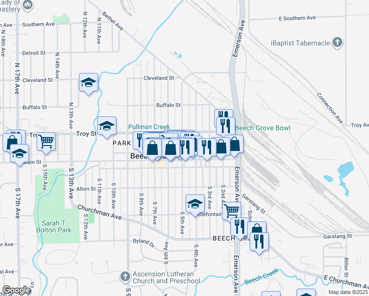 map of restaurants, bars, coffee shops, grocery stores, and more near 76 North 4th Avenue in Beech Grove