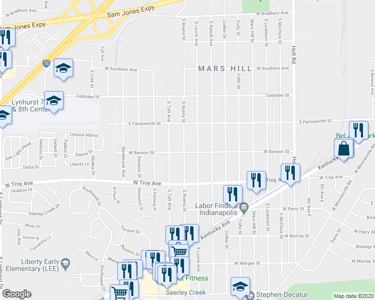 map of restaurants, bars, coffee shops, grocery stores, and more near 2836 South Roena Street in Indianapolis