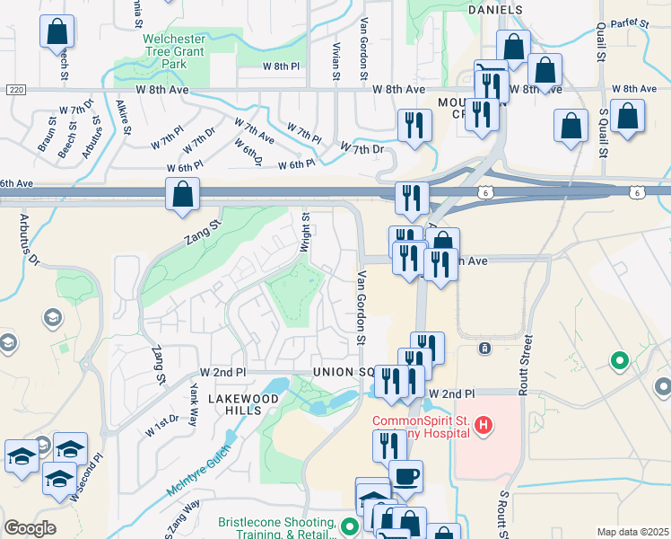 map of restaurants, bars, coffee shops, grocery stores, and more near 453 Van Gordon Street in Denver