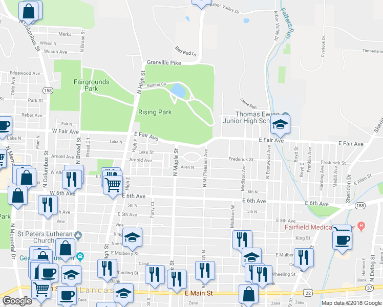 map of restaurants, bars, coffee shops, grocery stores, and more near 534 North Frederick Street in Lancaster
