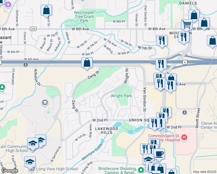 map of restaurants, bars, coffee shops, grocery stores, and more near 439 Wright Street in Lakewood