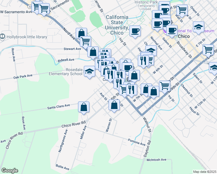 map of restaurants, bars, coffee shops, grocery stores, and more near 345 Oak Street in Chico