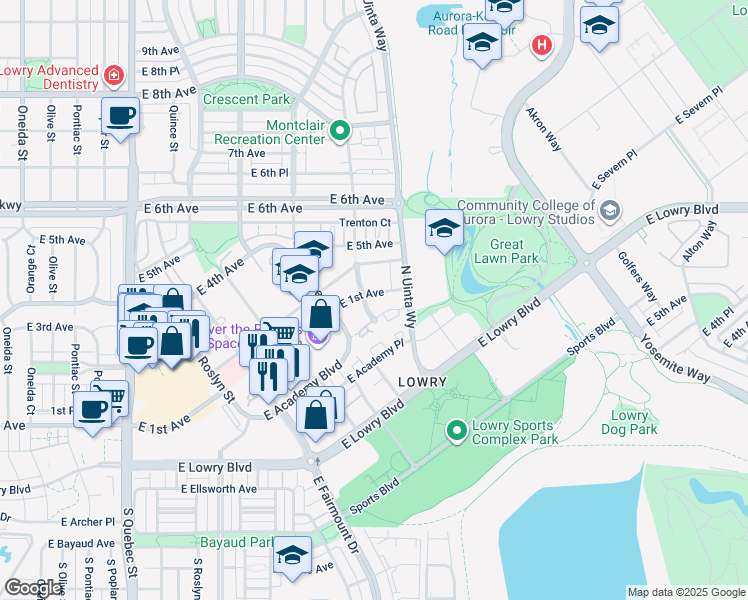 map of restaurants, bars, coffee shops, grocery stores, and more near 8155 East 1st Avenue in Denver