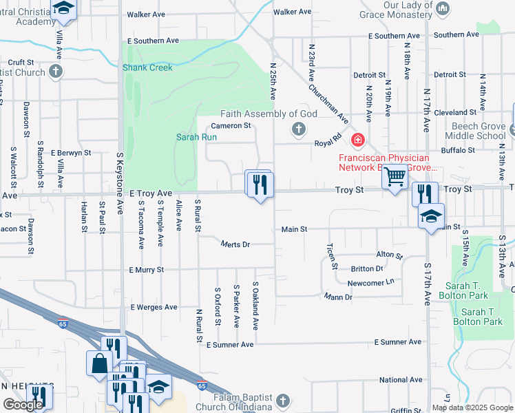 map of restaurants, bars, coffee shops, grocery stores, and more near 2513 Albany Street in Beech Grove