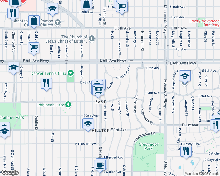 map of restaurants, bars, coffee shops, grocery stores, and more near 350 Ivy Street in Denver