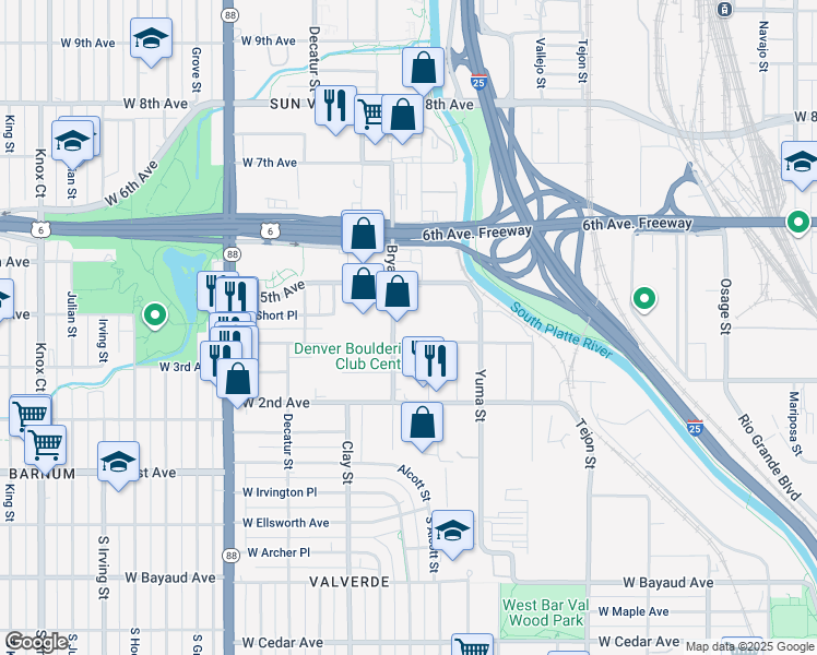 map of restaurants, bars, coffee shops, grocery stores, and more near 400-498 Bryant St in Denver