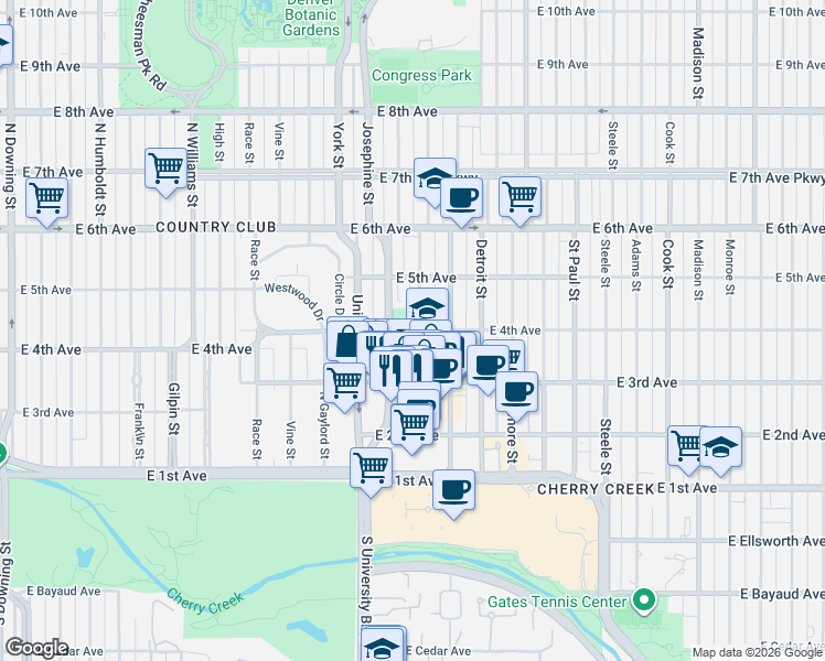map of restaurants, bars, coffee shops, grocery stores, and more near 401 Columbine Street in Denver