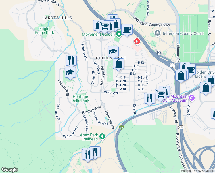 map of restaurants, bars, coffee shops, grocery stores, and more near 424 Anvil Way in Golden