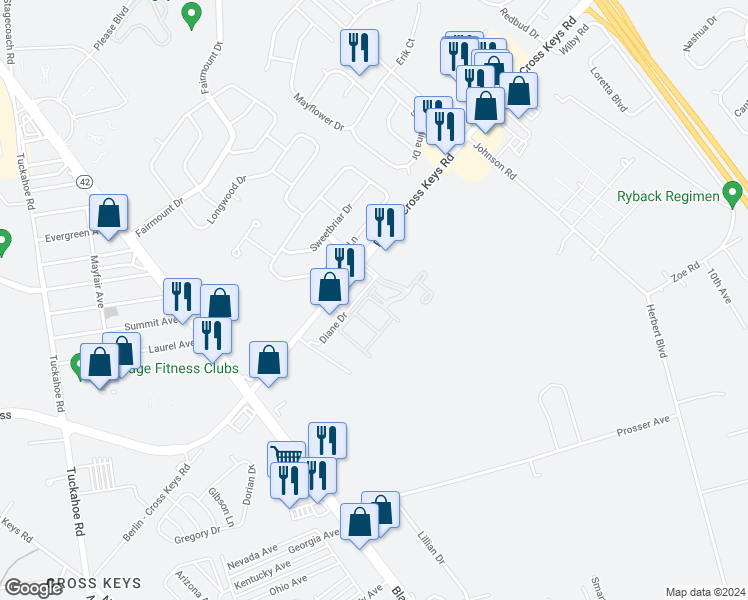 map of restaurants, bars, coffee shops, grocery stores, and more near 1136 Fawn Drive in Monroe