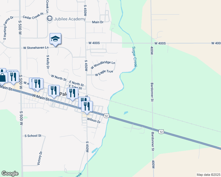 map of restaurants, bars, coffee shops, grocery stores, and more near 4282 South Cabin Court in New Palestine