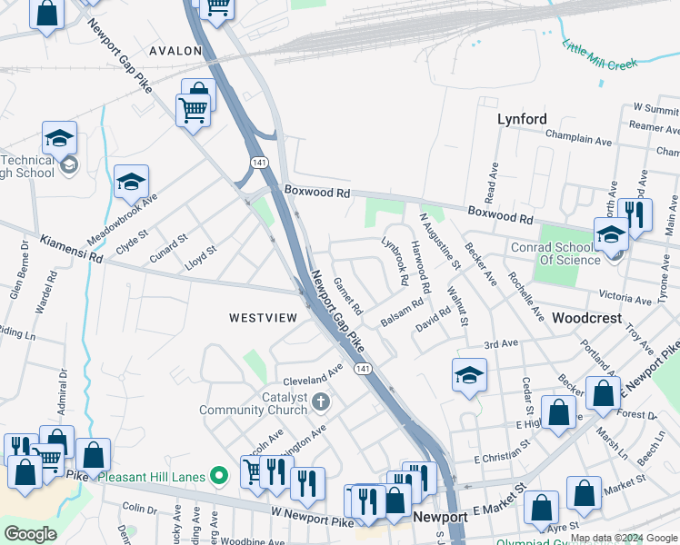 map of restaurants, bars, coffee shops, grocery stores, and more near 801 Garnet Road in Wilmington
