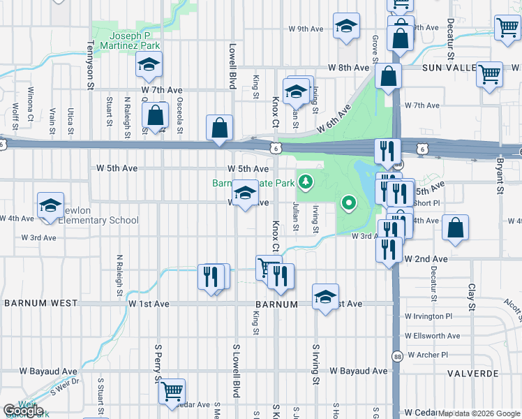 map of restaurants, bars, coffee shops, grocery stores, and more near 401 Knox Court in Denver