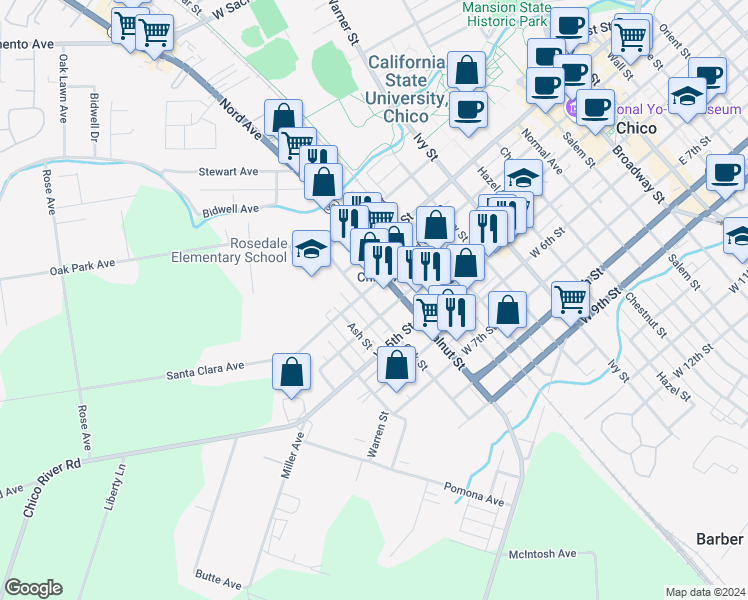 map of restaurants, bars, coffee shops, grocery stores, and more near 1128 West 3rd Street in Chico