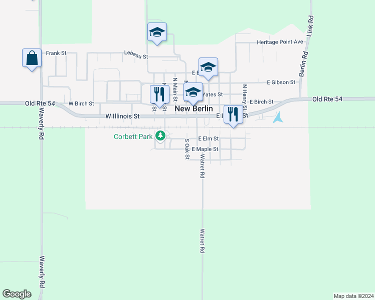 map of restaurants, bars, coffee shops, grocery stores, and more near 301-303 South Oak Street in New Berlin