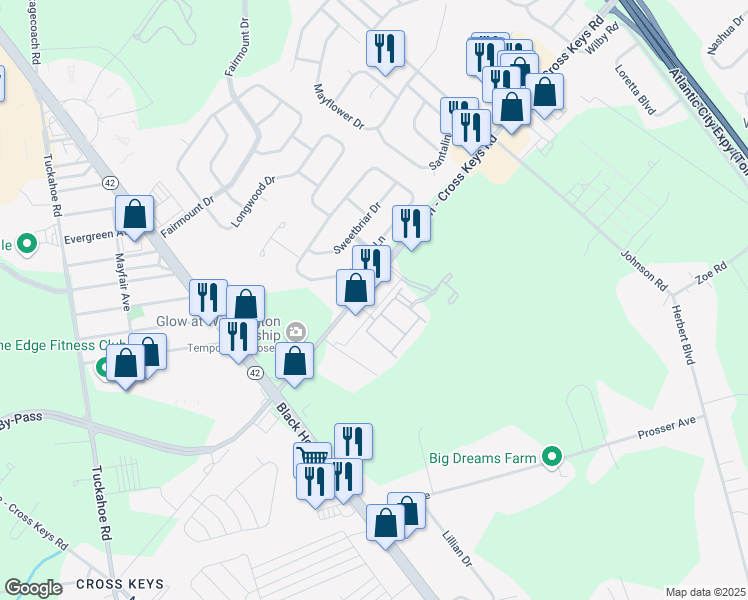 map of restaurants, bars, coffee shops, grocery stores, and more near 334 Cross Keys Road in Monroe Township